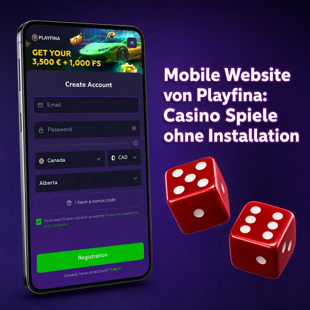 Playfina mobile Website im Browser: Casino Spiele, Live Casino und Sportwetten ohne Installation auf Smartphone und Tablet.